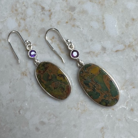 NWOT Sundance Rainforest Night Earrings, Bamboo Jasper, Amethyst, Sterling - Picture 4 of 6